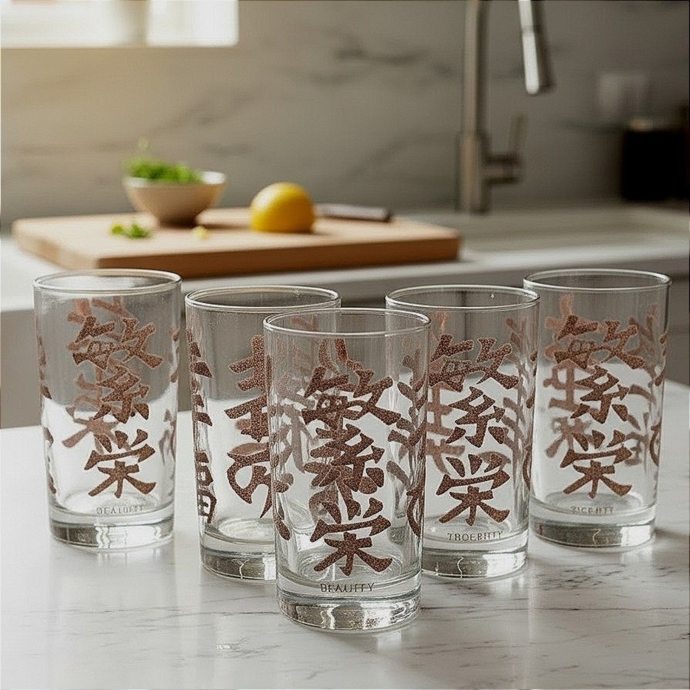 Libbey Mandarin Fortune Glasses, Highball Textured Barware, Set of 5, MCM, Gold